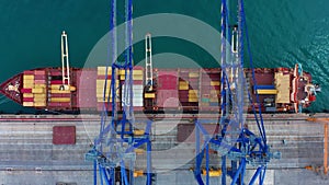 Loading a container ship at the port of a major logistics hub in a large American city. Transportation of various