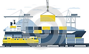 Loading containers on a freight train in the port from a container ship. Vector illustration