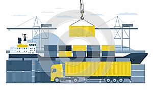 Loading containers on a truck in the port from a container ship. Vector illustration