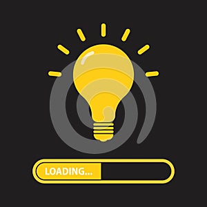 Loading creative idea concept. Progress loading bar. Yellow lightbulb icon on black background. Vector