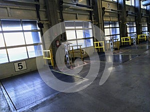 loading docks for trucks in warehouse, angle view