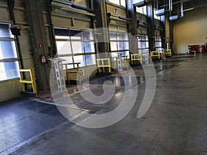 loading docks for trucks in warehouse, angle view