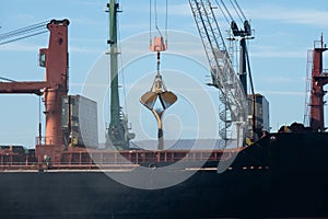 Loading dry cargo ship of wheat by cranes in port. Loading into holds of sea cargo vessel