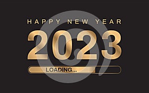 2023 loading. Gold 2023 happy new year isolated on black background. Luxury style. Vector illustration photo