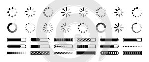 Loading icon, progress bar buffer loader, preloader vector set. Upload and download symbols, speed indicator buttons collection.
