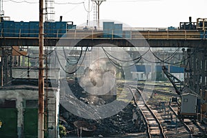 Loading iron ore in container by bucket on metallurgy heavy industry outdoor