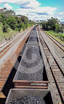 Loading of iron ore in CSN train cars. ore production. Mining and rail freight. Brazilian steel company