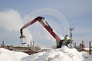 Loading logs on a logging truck. Wood loader. Woodworking industry