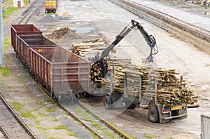 Loading Lumber Into Freight Train at Railway Yard During Daytime