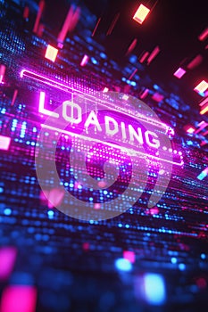 Loading... neon text with glitch and motion blur effects background
