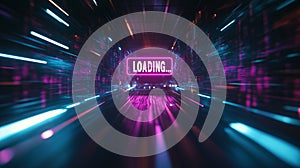 Loading... neon text with glitch and motion blur effects background