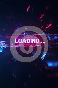 Loading... neon text with glitch and motion blur effects background