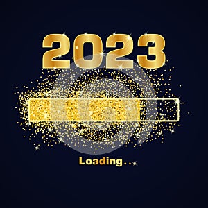 Loading new year 2023. Greeting card bright sparkles. Vector gold.