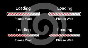 Tilted lines loading please wait symbol set in red color for dark mode.