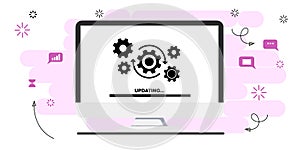 Loading process on a computer screen. System software update, data upgrade, or synchronization with a progress bar.