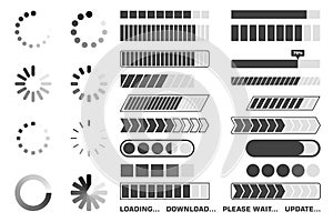 Loading process icons set. Download and upload indicator sign, waiting symbols. Vector