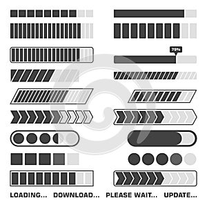 Loading process icons set. Download and upload indicator sign, waiting symbols. Vector