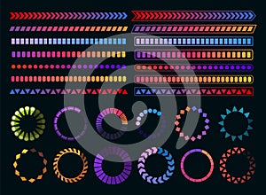 Loading process and status bar icons, HUD interface. Vector Sci Fi digital futuristic elements for dashboard, technology