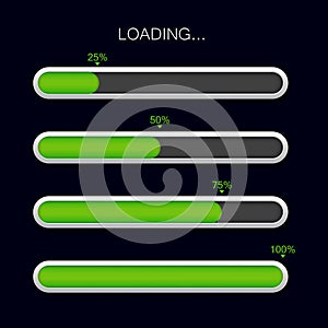 Loading progress bar. Green download icon. Glossy completion bar for ui. Scale download of time. Progress load status for website