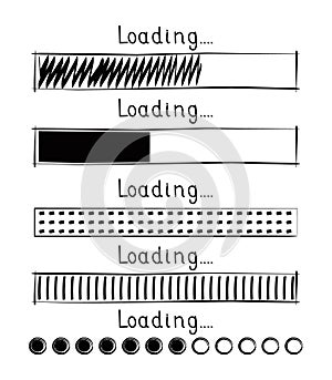 Loading progress bar vector style in doodle style. Updated progress circle bar icons. Slow loader button. Load progress bar for UI