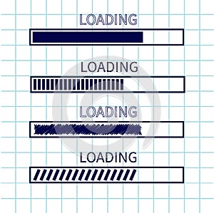 Loading progress status bar icon set. Web design app download timer. Squared blank sheet of copybook white background. Notebook pa