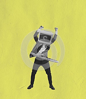 Contemporary art collage of man in a suit with retro computer head twisting wrap isolated over yellow background photo