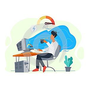 Loading speed boost, Internet boost speed vector illustration concept, boy having coffee enjoying with very fast internet speed