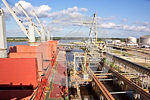 Loading terminal for loading bulk cargo of chemical sulphur to sea bulk carriers using a shore crane. Beaumont, Texas, USA. Ju
