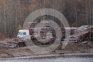 Loading of timber on railway carriages. Loader in work.