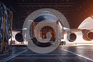 Loading transport aircraft in the hangar of cargo terminal. Inside view of the cargo hold of the aircraft during loading