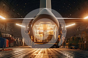 Loading transport aircraft in the hangar of cargo terminal. Large bales ready for loading, employees standing around the