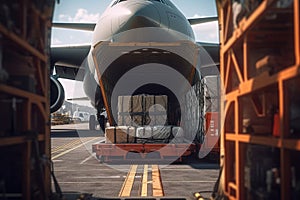 Loading transport aircraft in the hangar of cargo terminal. Large bales on the trolley ready for loading into the