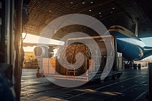 Loading transport aircraft in the hangar of cargo terminal. Large bales on the trolley ready for loading into the