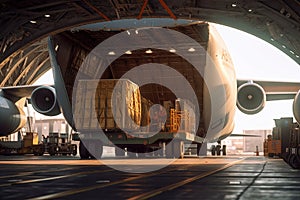 Loading transport aircraft in the hangar of cargo terminal. Large bales on the trolley ready for loading into the