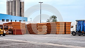Stack of Freight Containers at the Docks with Truck