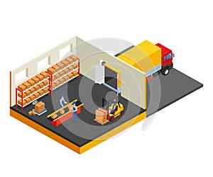 Loading or unloading a truck in the warehouse. Forklifts move the cargo. Warehouse equipment.