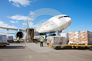Loading of widebody cargo airplane before flight. Generative AI