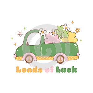 Loads of luck, Groovy st patrick's day car with clover leaves cartoon doodle drawing