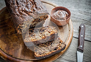 Loaf of banana-chocolate bread with chocolate cream