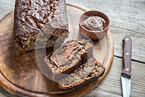 Loaf of banana-chocolate bread with chocolate cream