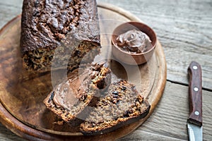 Loaf of banana-chocolate bread with chocolate cream