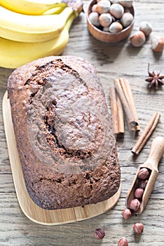 Loaf of banana-chocolate bread with chocolate cream