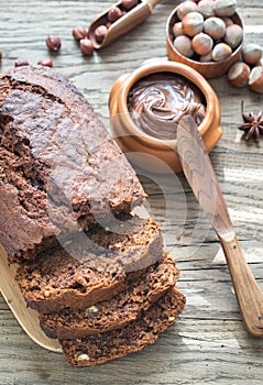 Loaf of banana-chocolate bread with chocolate cream