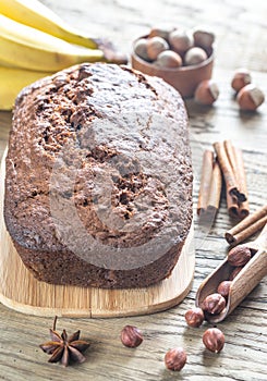 Loaf of banana-chocolate bread with chocolate cream