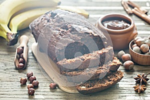 Loaf of banana-chocolate bread with chocolate cream