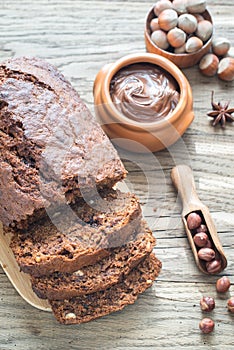 Loaf of banana-chocolate bread with chocolate cream