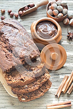 Loaf of banana-chocolate bread with chocolate cream