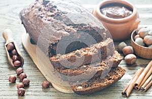 Loaf of banana-chocolate bread with chocolate cream