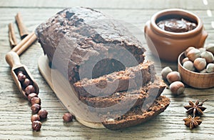 Loaf of banana-chocolate bread with chocolate cream