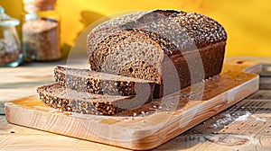 Loaf of black rye bread typical for Nordic countries and Germany. Slices on wood cutting board. Morning sunlight